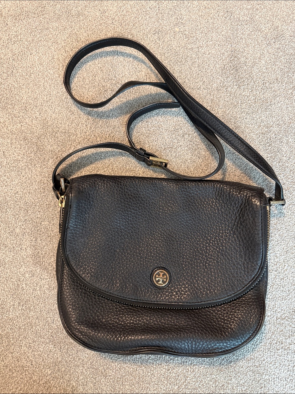 Tory Burch Black Pebbled Leather Flap Crossbody with Gold Logo